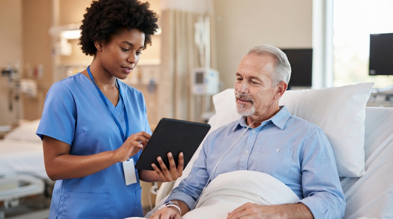 Healthcare professional guiding a patient through digital information